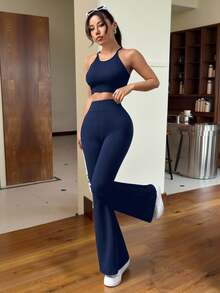 SHEIN EZwear Navy Blue Knitted Women's Skinny Flare Pants Workout Exercise Navy Blue Autumn Casual Sport - Navy Blue - View 4