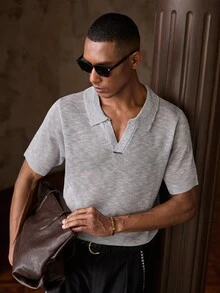 AKNOTIC Business Casual 男士純色 Polo 領短袖休閒針織上衣 - 灰色 - 查看 9