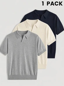 AKNOTIC Business Casual 男士純色 Polo 領短袖休閒針織上衣 - 灰色 - 查看 2