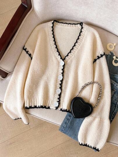 Muvela Women's V-Neck Long Sleeve Single-Breasted Casual Knit Cardigan,Contrast Trim Front Knit Cardigan Sweater For Women Fall Winter