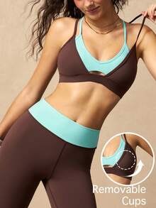 VARSIVA Women's Colorblock Halter Neck Cropped Top & Leggings Sports Set - Brown - View 1