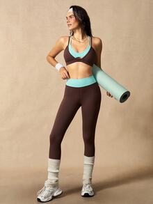 VARSIVA Women's Colorblock Halter Neck Cropped Top & Leggings Sports Set - Brown - View 9