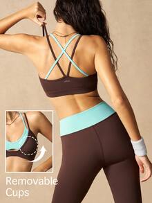 VARSIVA Women's Colorblock Halter Neck Cropped Top & Leggings Sports Set - Brown - View 2