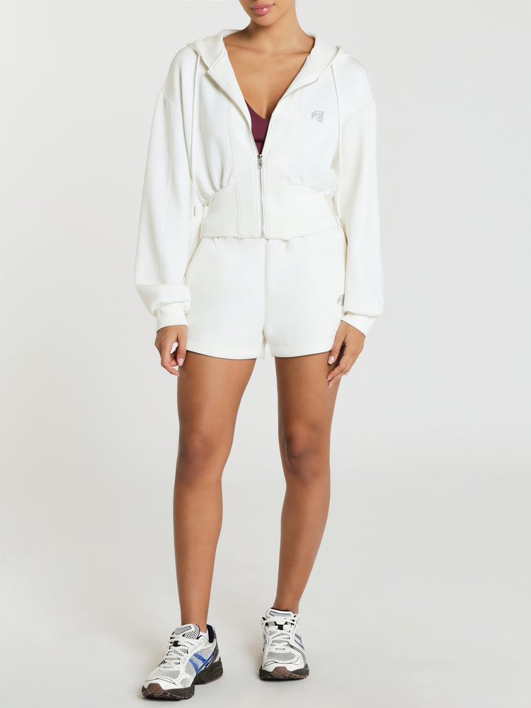 11SKNDS Oversized Zip-Up Cropped Sweatshirt Sweatshirt With Silver Zipper, Dropped Shoulders, Logo Patch, Casual Everyday Layering Essential With Sweat-Wicking & Buttery-Soft, For Gym Workout Fitness, Running, Training & Hy-Rox - White - View 4
