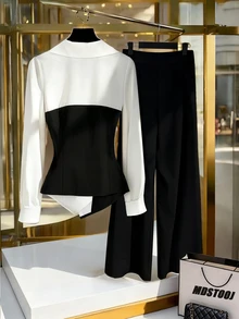 Selianne 女士新款春季高端黑白撞色V领衬衫+垂坠阔腿裤两件套，采用二合一收腰设计，面料顺滑抗皱，剪裁修身显瘦。适合通勤、约会、职场、精致休闲和派对等各种场合，是必备单品。 - 黑與白 - 查看 2