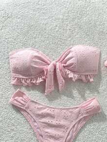 Swim Vcay Spring/Summer Solid Color Strap Jacquard Fabric Wireless Bow Decor Cute Swimwear Set, Suitable For Beach & Holiday - Baby Pink - View 7