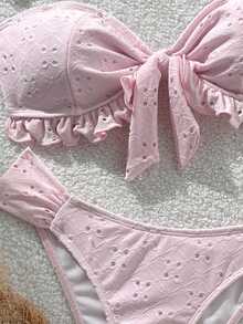 Swim Vcay Spring/Summer Solid Color Strap Jacquard Fabric Wireless Bow Decor Cute Swimwear Set, Suitable For Beach & Holiday - Baby Pink - View 3