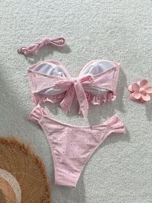 Swim Vcay Spring/Summer Solid Color Strap Jacquard Fabric Wireless Bow Decor Cute Swimwear Set, Suitable For Beach & Holiday - Baby Pink - View 8