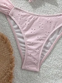 Swim Vcay Spring/Summer Solid Color Strap Jacquard Fabric Wireless Bow Decor Cute Swimwear Set, Suitable For Beach & Holiday - Baby Pink - View 4