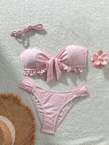 Swim Vcay Spring/Summer Solid Color Strap Jacquard Fabric Wireless Bow Decor Cute Swimwear Set, Suitable For Beach & Holiday - Baby Pink - View 2