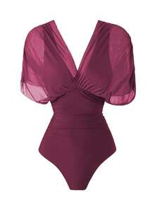Swim Oasis 2026 New Spring/Summer Women 2pcs Solid Color Swimsuit With Mesh Maxi Dress, Beach Vacation Casual Swimwear Set - Purple - View 3