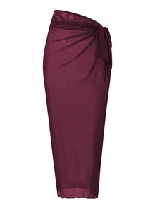 Swim Oasis 2026 New Spring/Summer Women 2pcs Solid Color Swimsuit With Mesh Maxi Dress, Beach Vacation Casual Swimwear Set - Purple - View 4