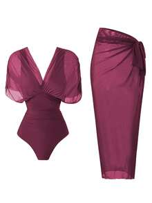 Swim Oasis 2026 New Spring/Summer Women 2pcs Solid Color Swimsuit With Mesh Maxi Dress, Beach Vacation Casual Swimwear Set - Purple - View 7