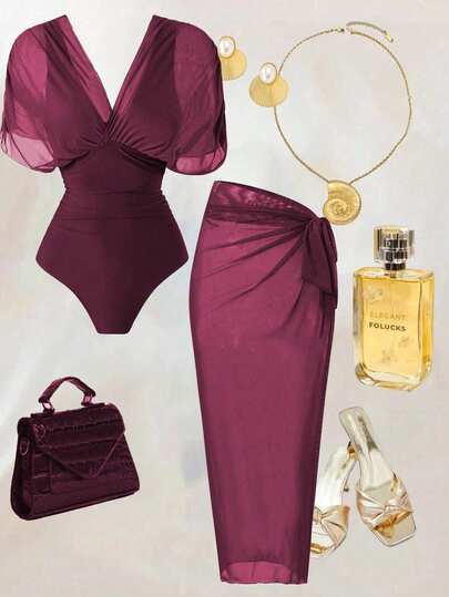 Swim Oasis 2026 New Spring/Summer Women 2pcs Solid Color Swimsuit With Mesh Maxi Dress, Beach Vacation Casual Swimwear Set
