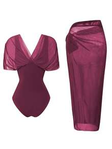 Swim Oasis 2026 New Spring/Summer Women 2pcs Solid Color Swimsuit With Mesh Maxi Dress, Beach Vacation Casual Swimwear Set - Purple - View 2