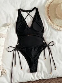 Bonvoyette Plain Tie Side Thong One Piece Swimsuit,Summer Beach - Black - View 2