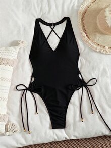 Bonvoyette Plain Tie Side Thong One Piece Swimsuit,Summer Beach - Black - View 4