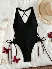 Bonvoyette Plain Tie Side Thong One Piece Swimsuit,Summer Beach - Black - View 3