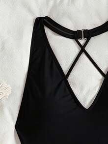 Bonvoyette Plain Tie Side Thong One Piece Swimsuit,Summer Beach - Black - View 5
