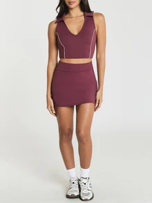 11SKNDS High-Rise Mini Active Athleisure Athletic Casual Tennis Skirt With Wrap-Style A-Line Silhouette Sleek Smooth Finish Golf Gym Burgundy Summer - Purple - View 4
