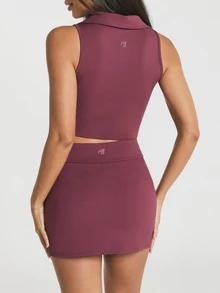 11SKNDS High-Rise Mini Active Athleisure Athletic Casual Tennis Skirt With Wrap-Style A-Line Silhouette Sleek Smooth Finish Golf Gym Burgundy Summer - Purple - View 3