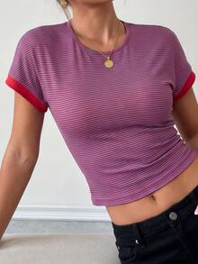 Ritzy Row Women's Fashion Casual Commuting Daily Wear Crew Neck Patchwork Contrast Color Print T-Shirt, Suitable For Spring, Summer, Autumn - Red Violet - View 5