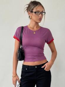 Ritzy Row Women's Fashion Casual Commuting Daily Wear Crew Neck Patchwork Contrast Color Print T-Shirt, Suitable For Spring, Summer, Autumn - Red Violet - View 4