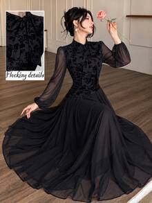 Modelyn Women's Tie Waist Ruched Positioned Print Long Sleeve Dress - Black - View 2