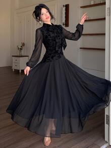 Modelyn Women's Tie Waist Ruched Positioned Print Long Sleeve Dress - Black - View 6