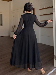 Modelyn Women's Tie Waist Ruched Positioned Print Long Sleeve Dress - Black - View 3