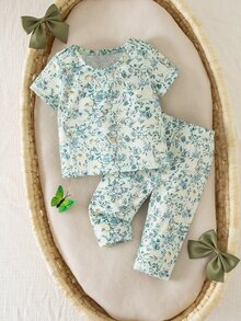 SHEIN Newborn Baby Girl Cute Summer Casual Knit Graphic Short Sleeve Pajama Set - Mint Green - View 2