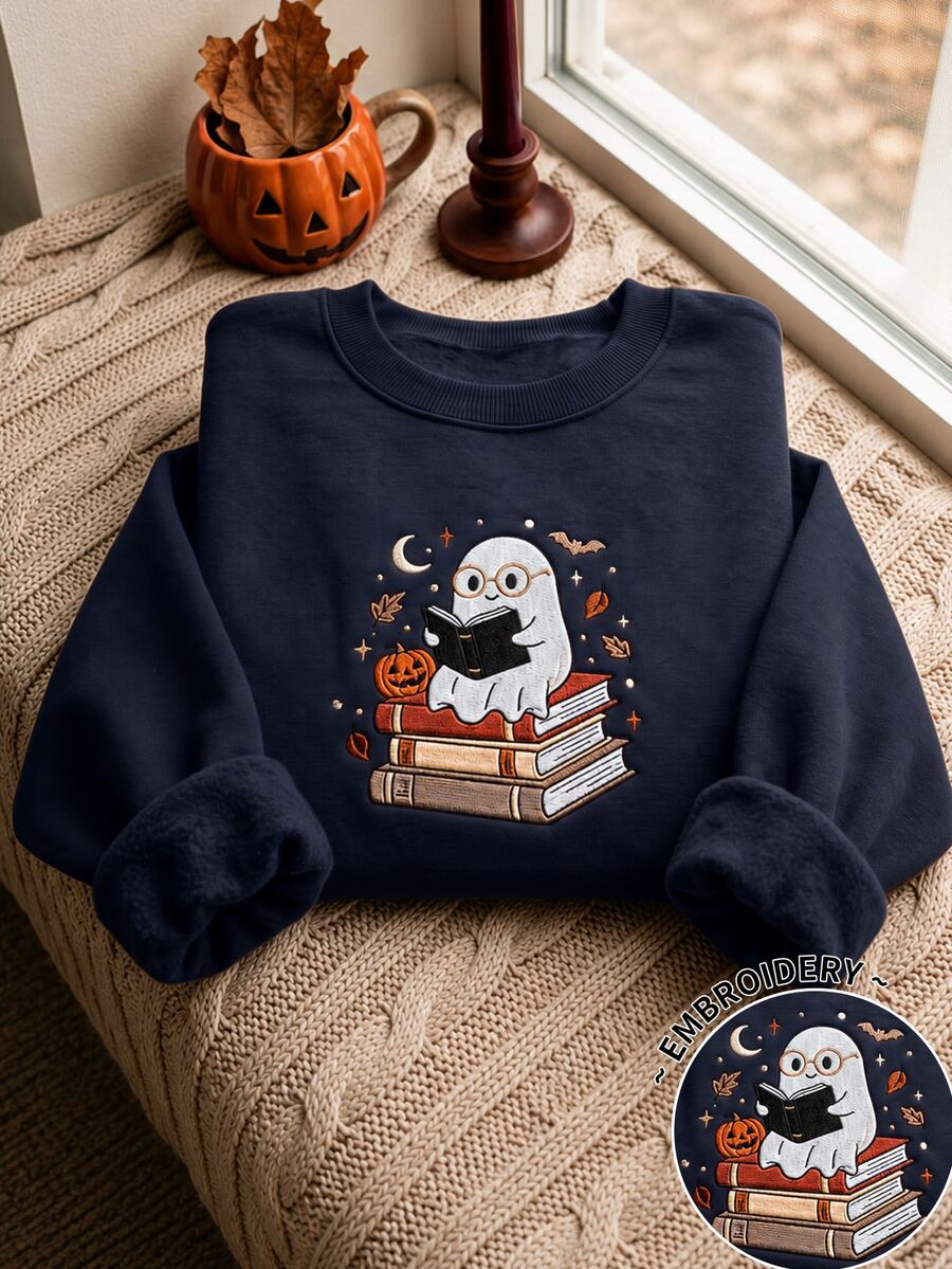 Resyla Women's Fashion Cartoon Round Neck Long Sleeve Sweatshirt Halloween Event - Navy Blue - View 1