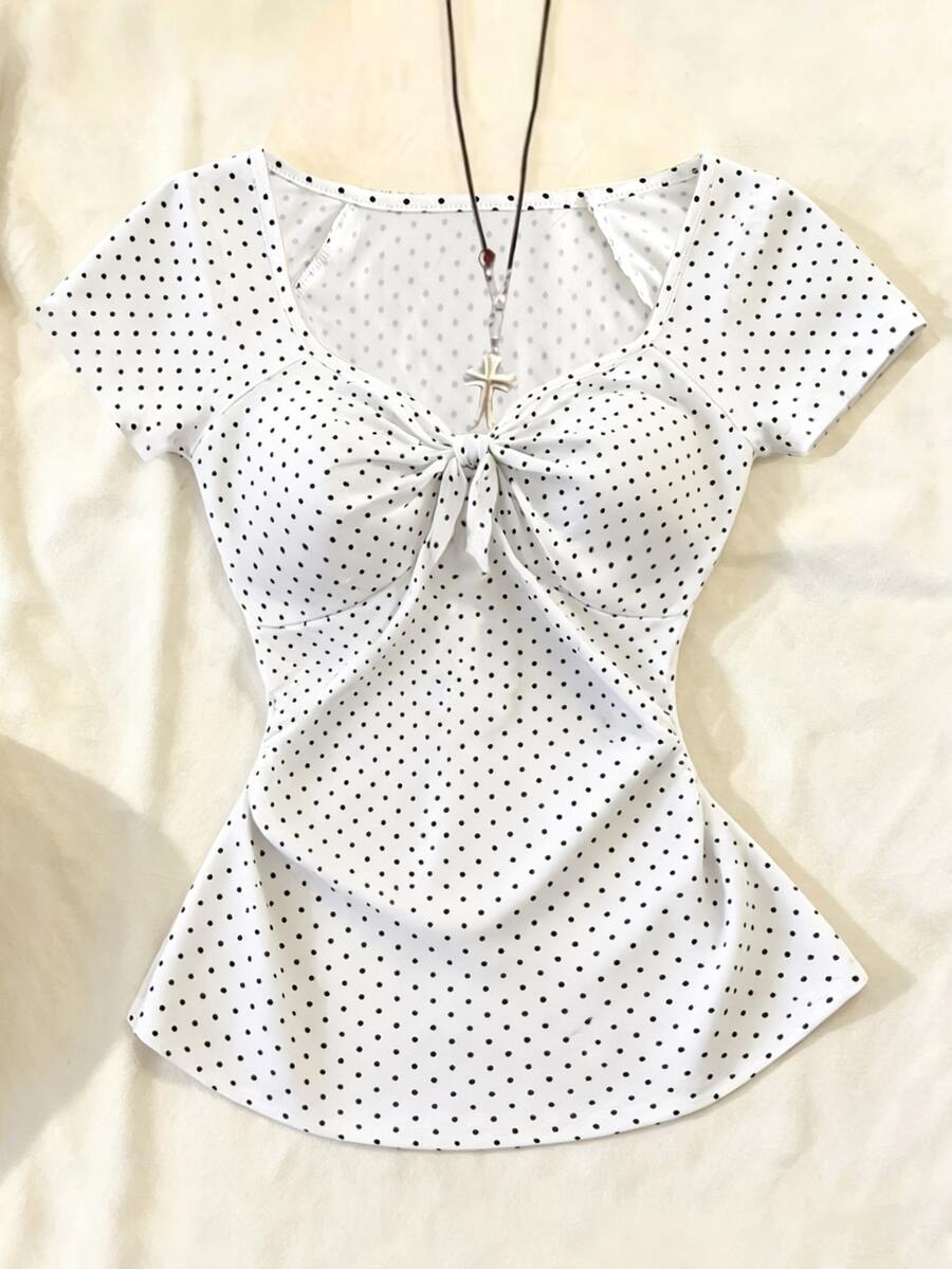 SHEIN 青少年女孩經典黑白波點復古風甜心領前領結甜美女孩風T恤 - 白色 - 查看 1