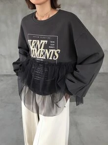 FRIFUL Women's Letter Print Mesh Patchwork Casual Daily T-Shirt Fall - Grey - View 4