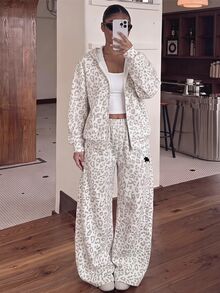 SHEIN 兒童青少年女孩豹紋印花運動外套休閒日常穿著3件套運動套裝 - 杏色 - 查看 6