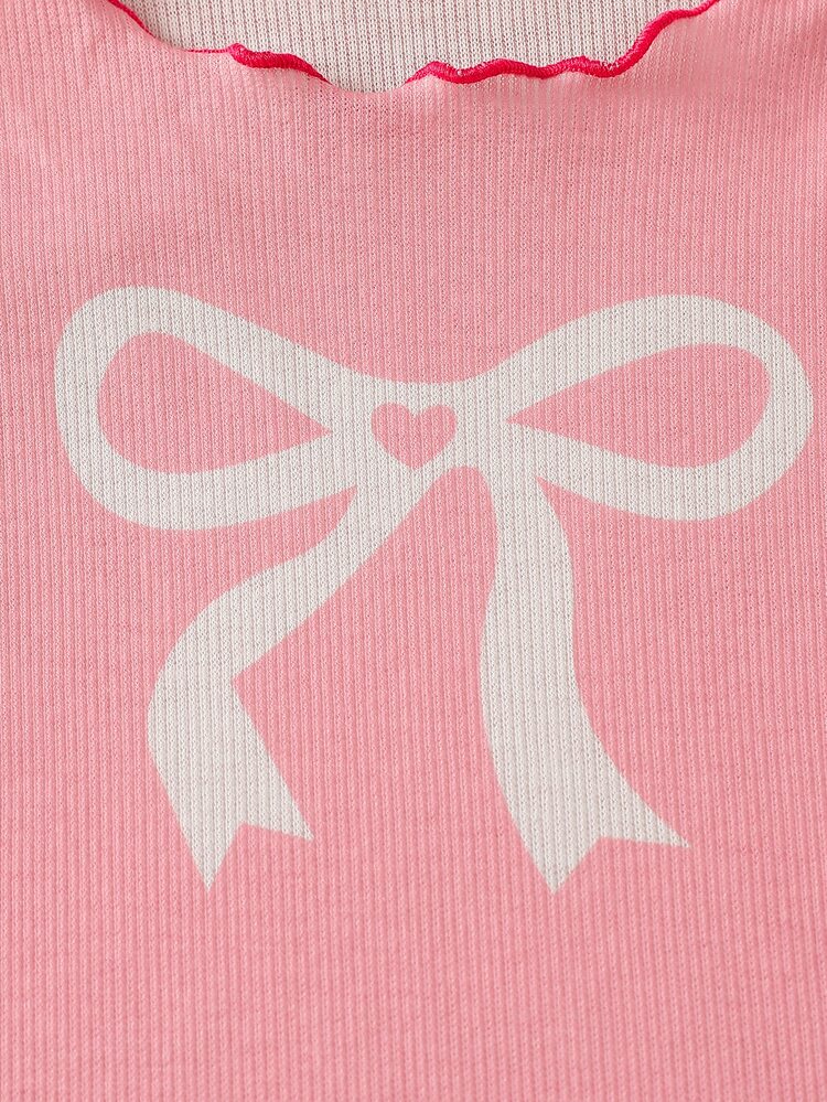 Girls' Fitted Long Sleeve Pants Set, Cute Sweet Bow & Heart English Graphic Print, Elegant Style, Comfortable Fabric With Hem Design, Suitable For Home Wear, Pajamas, Loungewear - Pink - View 6