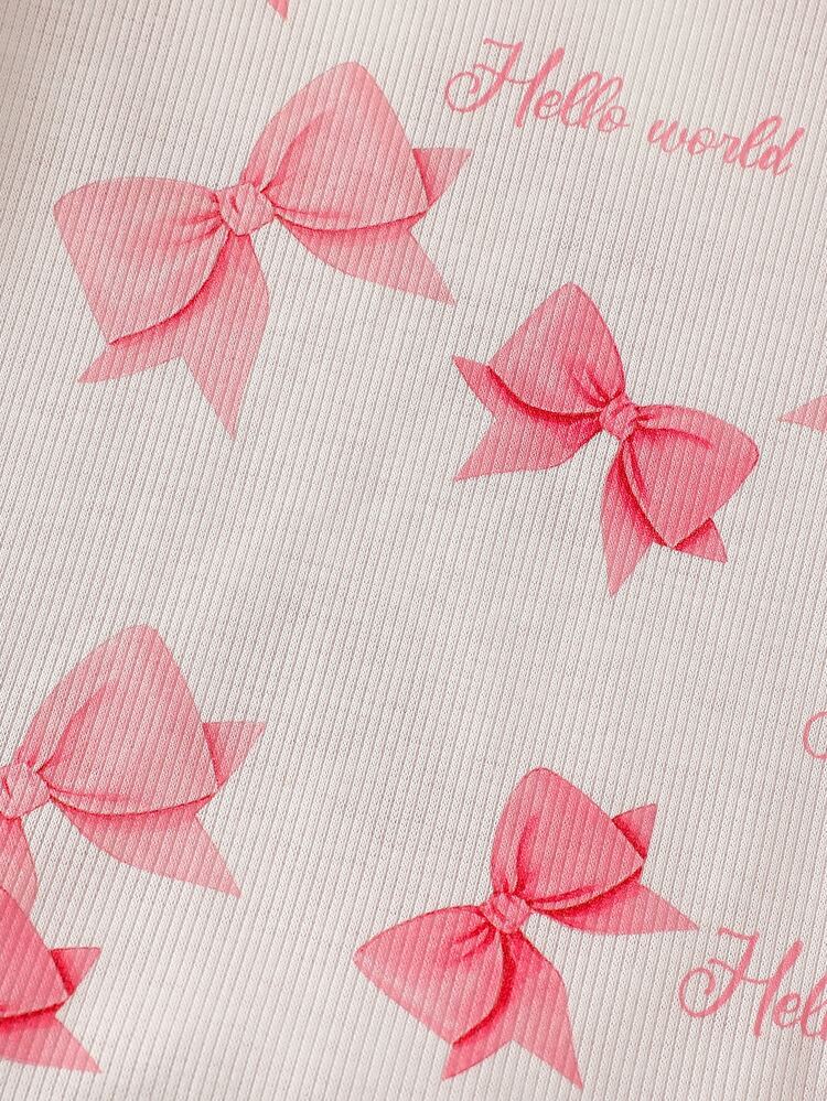 Girls' Fitted Long Sleeve Pants Set, Cute Sweet Bow & Heart English Graphic Print, Elegant Style, Comfortable Fabric With Hem Design, Suitable For Home Wear, Pajamas, Loungewear - Pink - View 7