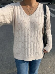 Elenzga Plus Size Women's Autumn/Winter V-Neck Hollow Out Round Neck Loose Drop Shoulder Casual Knit Pullover Sweater - Apricot - View 2