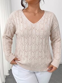 Elenzga Plus Size Women's Autumn/Winter V-Neck Hollow Out Round Neck Loose Drop Shoulder Casual Knit Pullover Sweater - Apricot - View 1