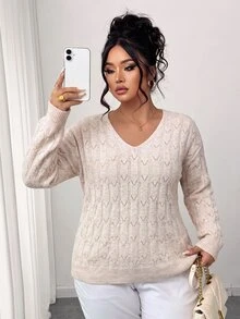 Elenzga Plus Size Women's Autumn/Winter V-Neck Hollow Out Round Neck Loose Drop Shoulder Casual Knit Pullover Sweater - Apricot - View 6