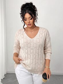 Elenzga Plus Size Women's Autumn/Winter V-Neck Hollow Out Round Neck Loose Drop Shoulder Casual Knit Pullover Sweater - Apricot - View 7
