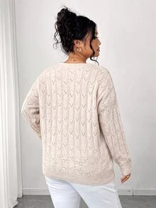 Elenzga Plus Size Women's Autumn/Winter V-Neck Hollow Out Round Neck Loose Drop Shoulder Casual Knit Pullover Sweater - Apricot - View 3