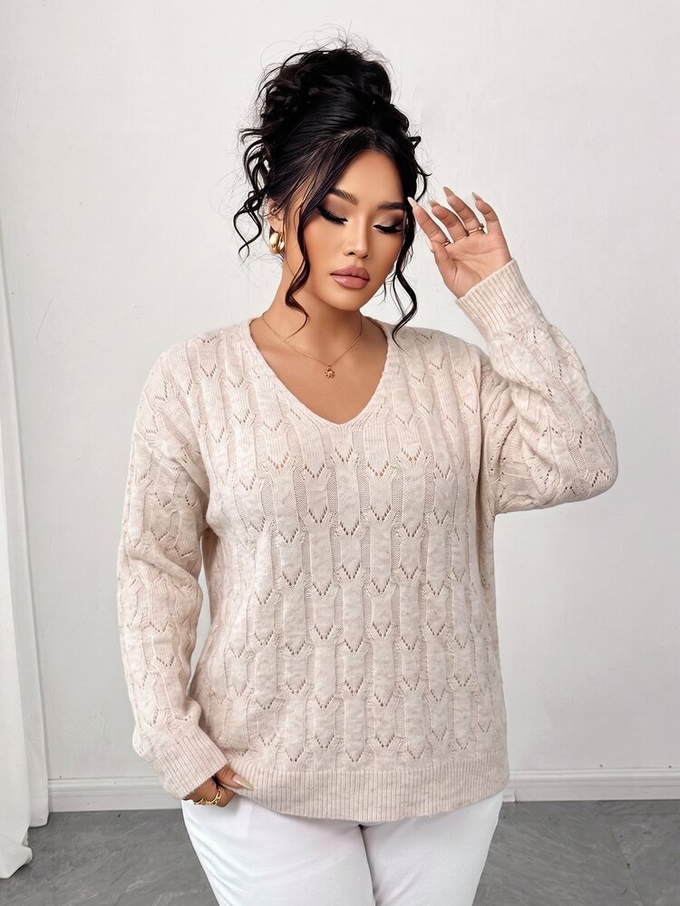 Elenzga Plus Size Women's Autumn/Winter V-Neck Hollow Out Round Neck Loose Drop Shoulder Casual Knit Pullover Sweater - Apricot - View 5