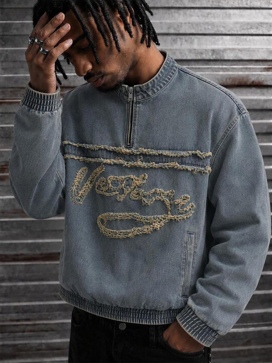 AXEPEAK Men's Washed Denim Jacket With Patch Embroidery And Elastic Cuffs - Blue - View 1