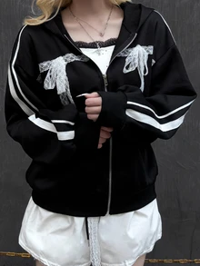 FRIFUL Sweatshirt Wanita Motif Garis-Garis Kontras Warna dengan Pita Renda untuk Musim Gugur - Hitam - View 5
