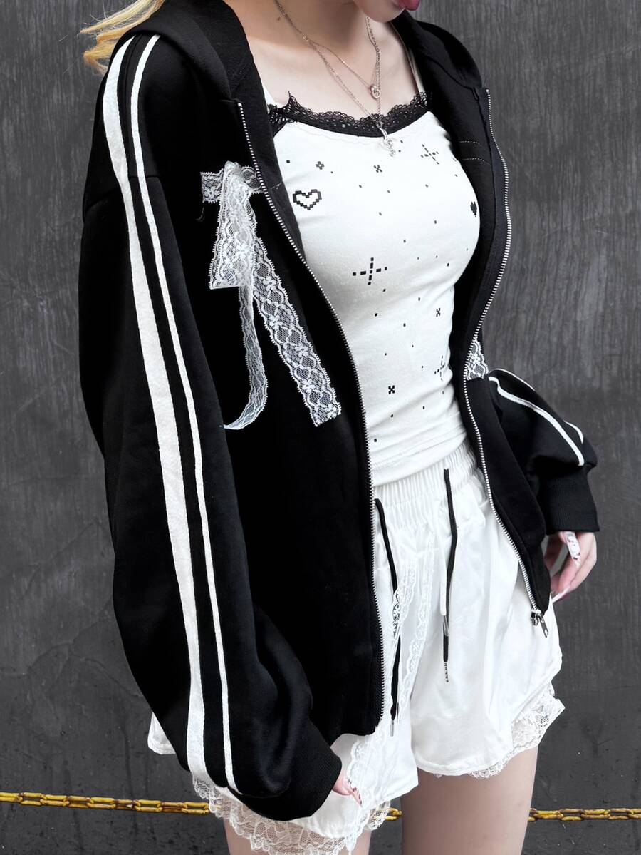 FRIFUL Sweatshirt Wanita Motif Garis-Garis Kontras Warna dengan Pita Renda untuk Musim Gugur - Hitam - View 1