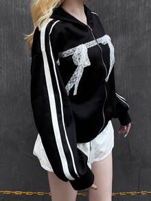 FRIFUL Sweatshirt Wanita Motif Garis-Garis Kontras Warna dengan Pita Renda untuk Musim Gugur - Hitam - View 7