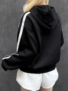 FRIFUL Sweatshirt Wanita Motif Garis-Garis Kontras Warna dengan Pita Renda untuk Musim Gugur - Hitam - View 2