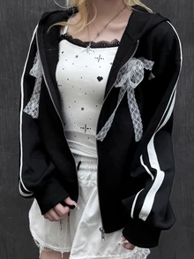 FRIFUL Sweatshirt Wanita Motif Garis-Garis Kontras Warna dengan Pita Renda untuk Musim Gugur - Hitam - View 4
