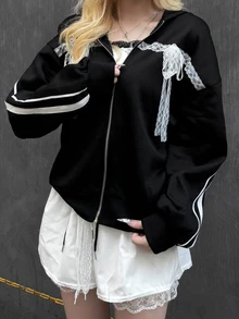 FRIFUL Sweatshirt Wanita Motif Garis-Garis Kontras Warna dengan Pita Renda untuk Musim Gugur - Hitam - View 3